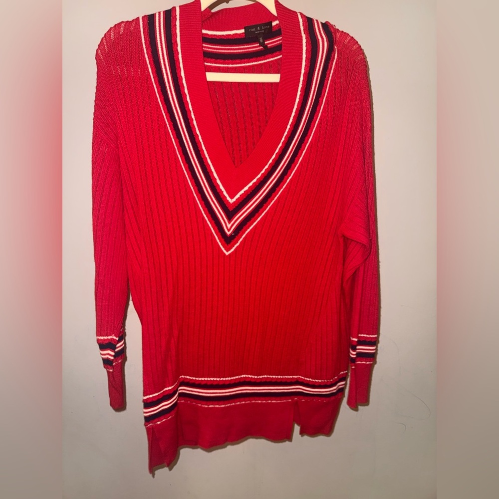 Rag & Bone Red long V-Neck Sweater with Striped Details